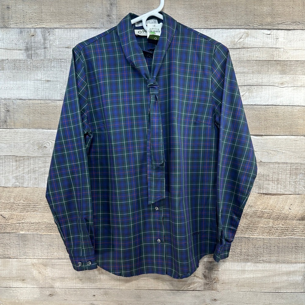ORVIS Men's Tie Neck Tartan Plaid‎ Button Up Shirt Blue Green Size S